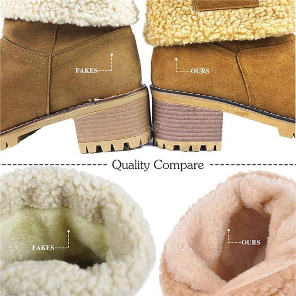 Women's Winter Boots Slip On Mid Chunky Heel Suede Warm Snow Ankle Boots, Black - Picture 3 of 5